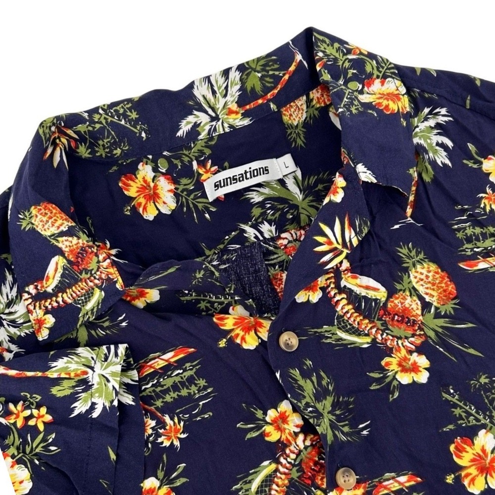 Sunsations Mens Hawaiian Shirt Large Navy Blue Tropical Pineapple Hibiscus Print